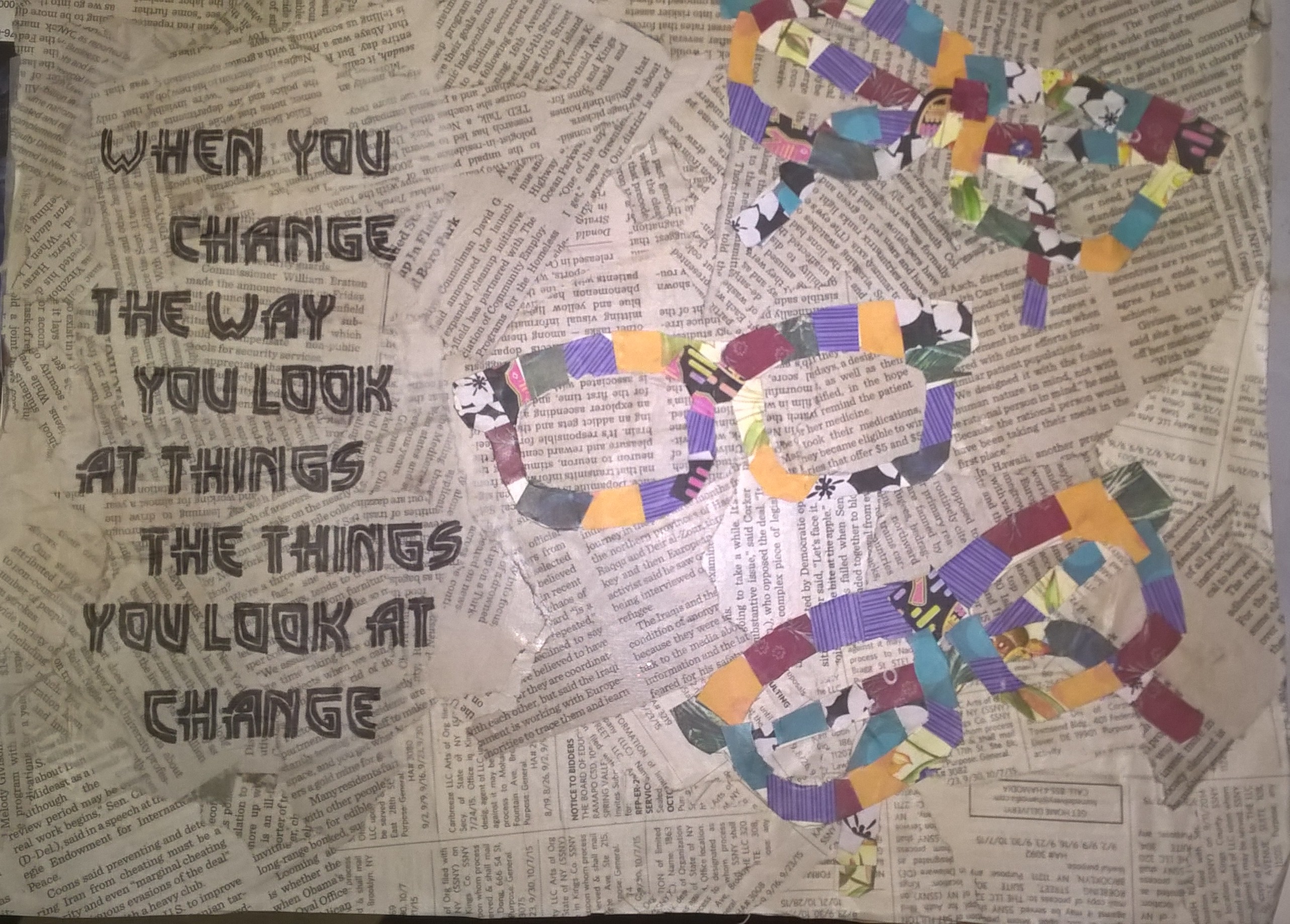 newspaper background with collaged glasses and quote