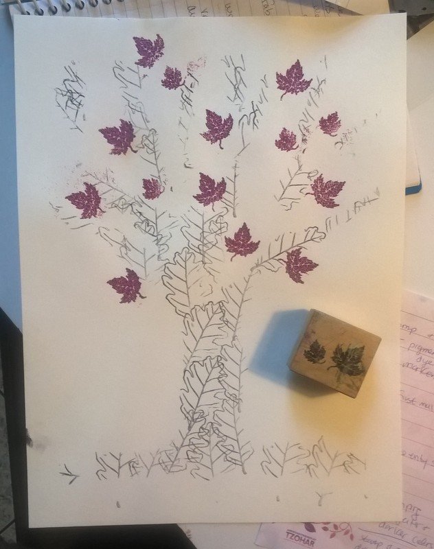 stenciled tree with embossed glittery leaf stamps