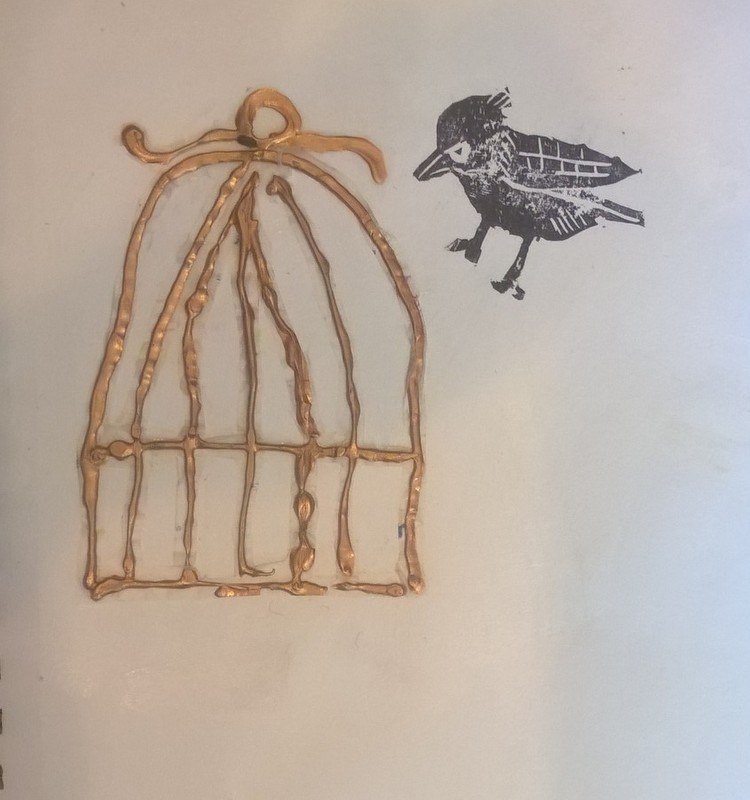 birdcage create out of dimensional paint and stamped bird