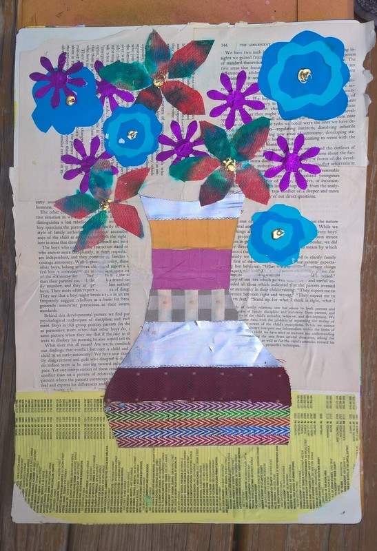 collaged vase and flowers over old book page journal page