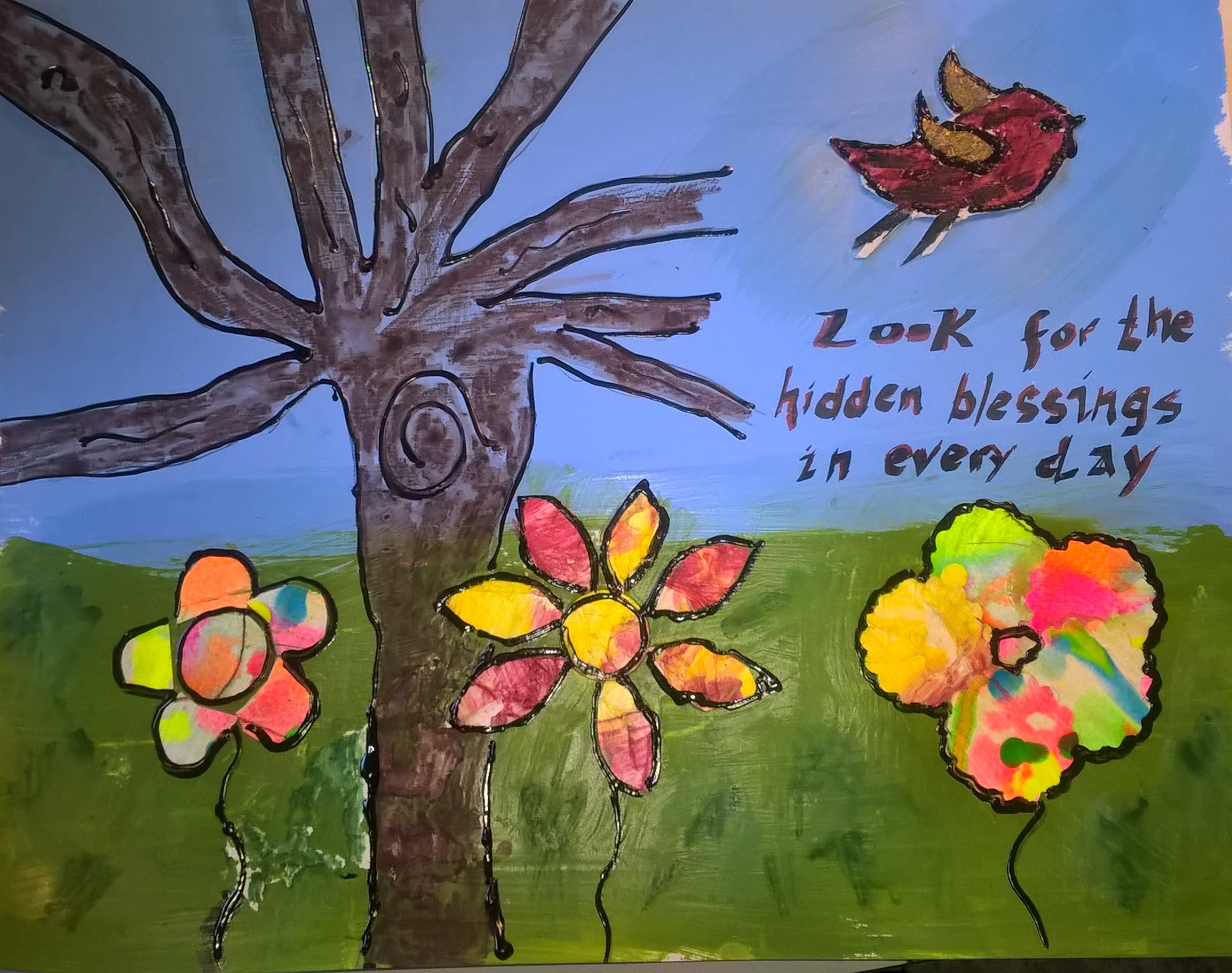 mixed media art with tree and flowers