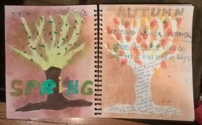 art journal spread using tree stencil depicting autumn and spring