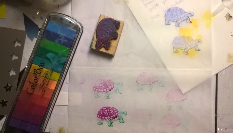 stamping turtles on deli paper with color box inks