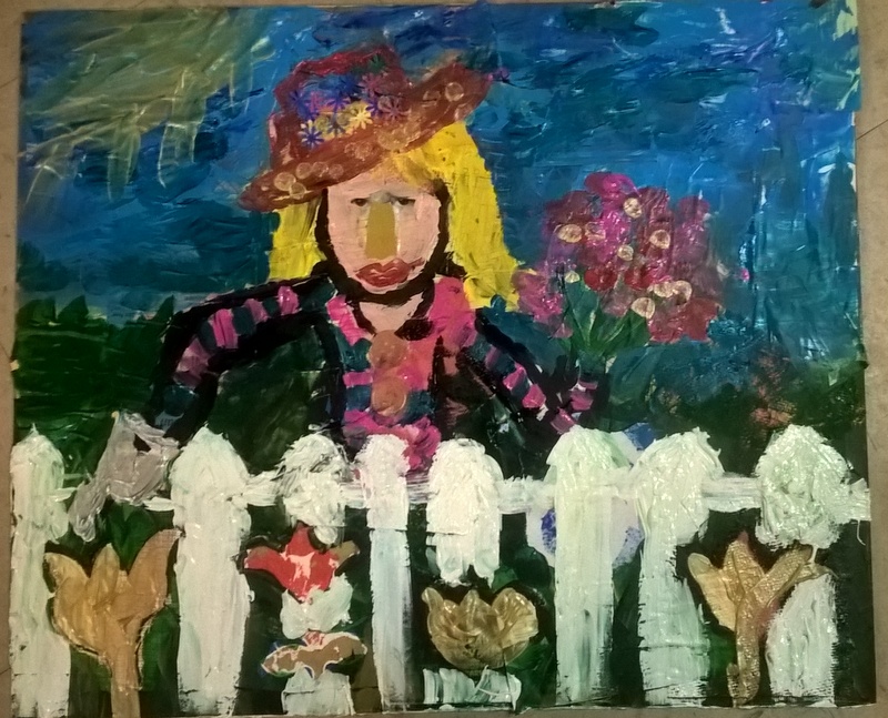 mixed media. Woman behind white fence holding flowers