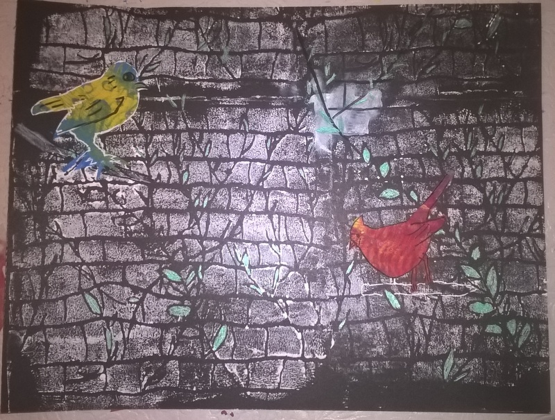 mixed media piced created with styrofoam tray printing plate and birds