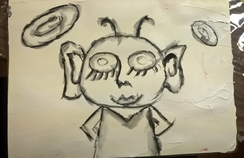 drawing of martian look girl with stabilo on gessoed paper