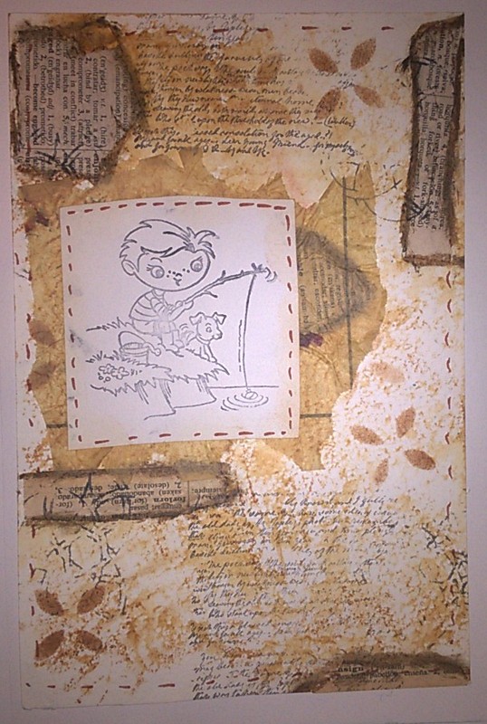 mixed media journal page using stamp of boy fishing and neutral tones