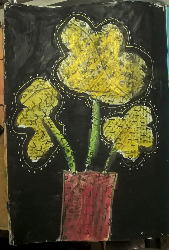 mixed media flower pot black background newspaper flowers and doodling