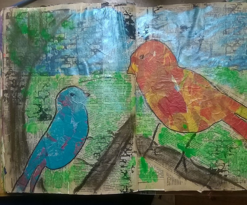 mixed media newspaper background with birds filled with colored deli paper