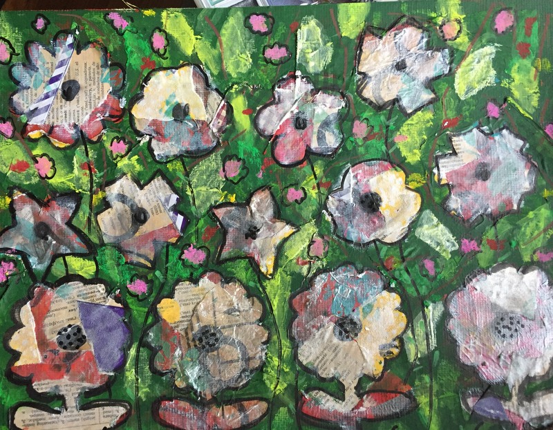 mixed media flower collage and painting