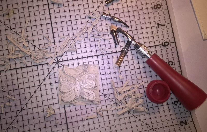 linoleum cutter carving butterfly stamp